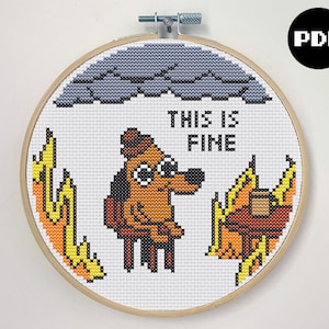 This Is Fine Meme Cross Stitch Pattern | Instant download PDF | Easy | For Beginners | Dog, Flames, Web Comic