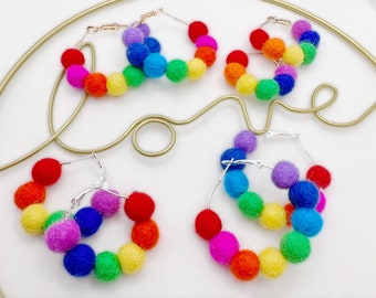 Rainbow Wool Felt Pom Pom Hoop Statement  Earrings, For Pride, Birthday Gifts, Teacher Gifts, Christmas Presents, LGBTQ, Anniversary Gifts