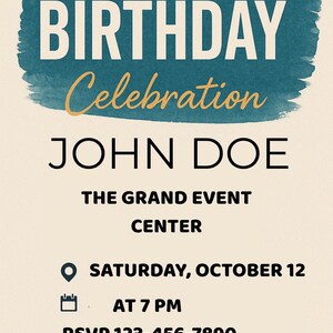 Elegant Birthday Invitation for Adults – Editable Digital Card – Gold White Formal Party Invite – Custom PDF – 40th 50th 60th