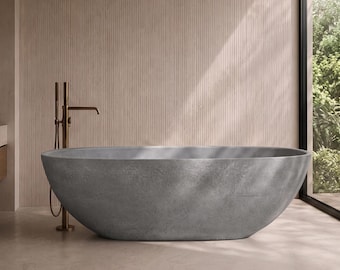 Freestanding Concrete Bathtub, GFRC Modern Soaking Tub, 71in Indoor Outdoor Spa, Made to Order