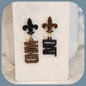 WHO DAT Handmade dangle earrings, NFL season jewelry, statement earrings, affordable fan jewelry, Geaux Saints, seasonal sparkle, self care