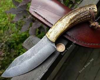 Exquisite Elk Stag Clip Point Knife: Patina Aged Blade and Handcrafted Antiqued Leather Sheath" hunting knife, camp, knife, knives, Blades