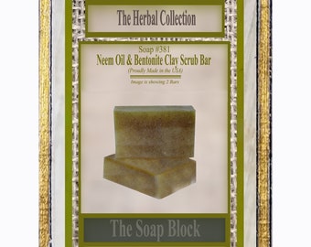 Neem Oil & Bentonite Clay Exfoliating Scrub Bar with Yarrow Clary Sage and Borage Oil All Natural Herbal Soap Customizable Hand Face Body