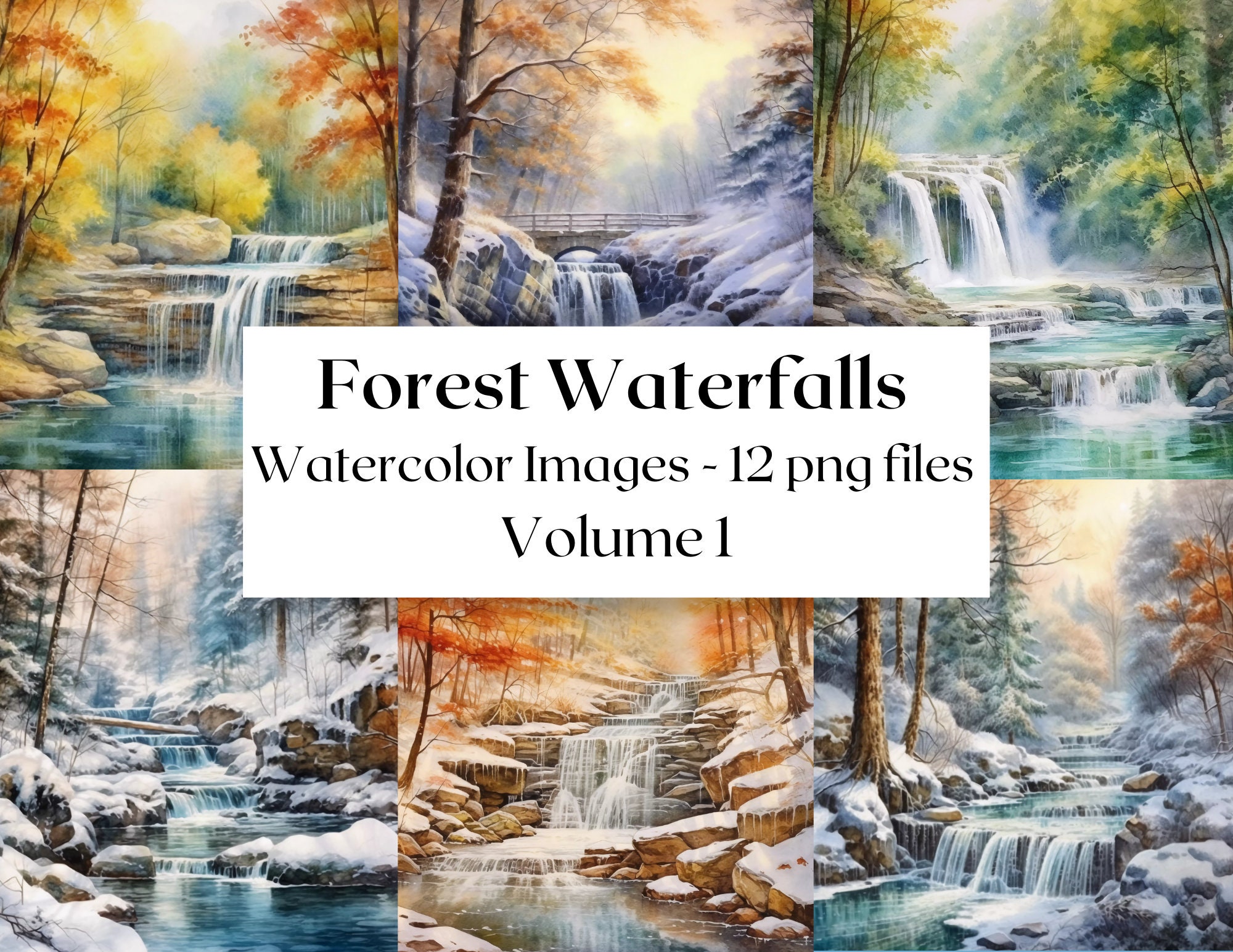 Waterfalls in the Forest Watercolor Digital Art Watercolor Etsy