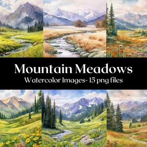 Mountain Meadows Watercolor Digital Art, Mountain Meadows Pictures, Mountain Clipart, Mountain Meadows Images, Wall Art, Commercial Use