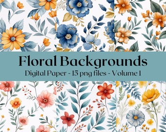 Floral Watercolor Backgrounds, Floral Digital Paper, Flower Backgrounds, Scrapbooking Digital Paper with Flowers, Commercial Use