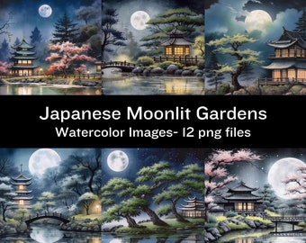 Japanese Moonlit Gardens, Watercolor Digital Images, Japanese Gardens in Moonlight Printable Wall Art, Commercial Use