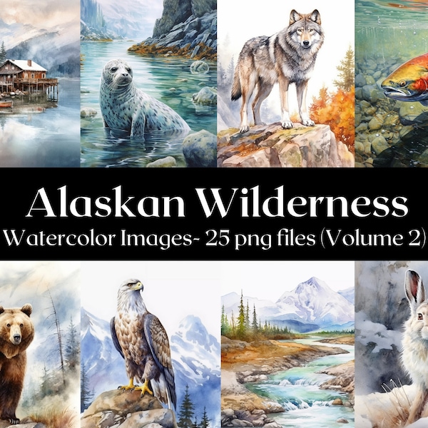 Arte digital de acuarela del desierto de Alaska vol. 2, Imágenes de la naturaleza, Imágenes prediseñadas de Alaska, Imágenes de animales salvajes de Alaska, Uso comercial