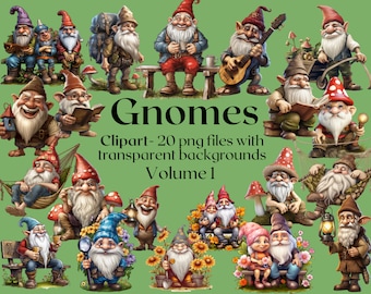 May include: A collection of 20 colourful gnome illustrations with transparent backgrounds. The gnomes are depicted in various poses and activities, including holding lanterns, playing musical instruments, reading books, and carrying bags. The gnomes are wearing a variety of clothing, including hats, scarves, and vests. The illustrations are perfect for adding a whimsical touch to any project.