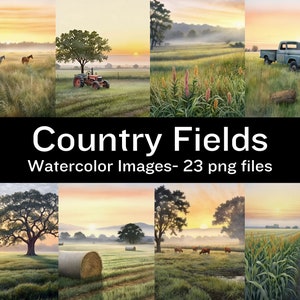 Imágenes digitales de acuarela de campos campestres, imágenes prediseñadas de campos agrícolas, arte digital campestre, imágenes imprimibles de campos de hierba, arte de pared, uso comercial