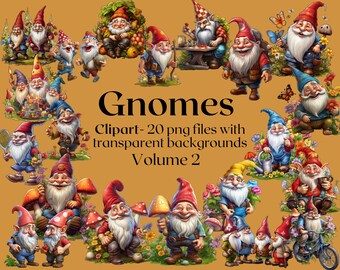 May include: A selection of colourful gnome illustrations, each with a red hat and white beard, set against a golden background. The image includes the text "Gnomes" and "Clipart - 20 png files with transparent backgrounds Volume 2". The gnomes are depicted in various poses.