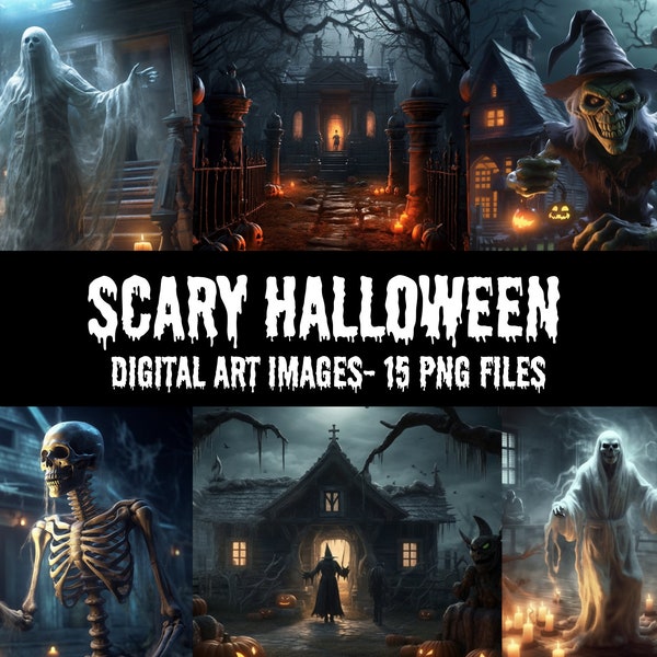 Halloween Scary Digital Art, Spooky Halloween Pictures, Halloween Clipart, Halloween Images, Ghost, Witch, Haunted House, Commercial Use