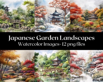 Japanese Garden Watercolor Digital Art, Japanese Landscape Pictures, Japanese Garden Clipart, Japan Garden Images, Wall Art, Commercial Use