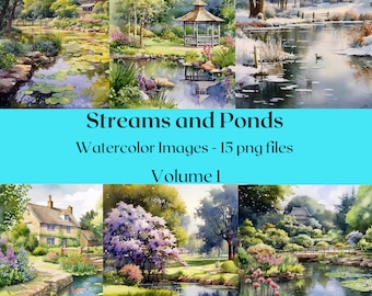 Streams and Ponds Watercolor, Watercolor Digital Art, Ponds and Streams Clipart, Ponds and Streams Wall Art, Commercial Use