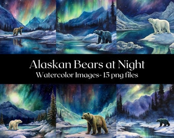 May include: A digital collage of nine watercolor paintings depicting Alaskan bears in a snowy landscape under a vibrant aurora borealis. The bears are brown and white, and the sky is filled with shades of purple, pink, blue, and green.