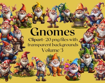 May include: A set of 20 digital clipart images featuring gnomes in various poses and settings. The gnomes are depicted with colourful clothing, hats, and accessories. The images have transparent backgrounds, making them suitable for a variety of creative projects.