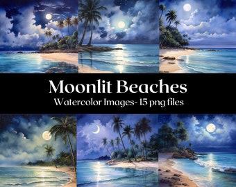Moonlit Beaches Watercolor Digital Art, Moonlit Beach Pictures, Beach in Moonlight Clipart, Beach Images, Wall Art, Commercial Use