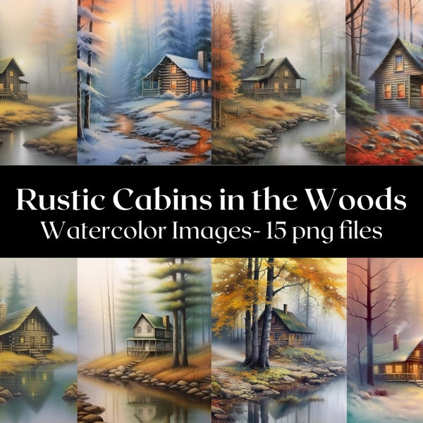 Rustic Cabins in the Woods, Watercolor Digital Images, Rustic Clipart, Cabin Digital Art, Rustic Cabin Printable Images, Commercial Use