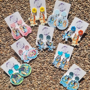 Bluey And Bingo Red And Blue Australian Cattle Cartoon Dog Stud Dangle Acrylic Earrings