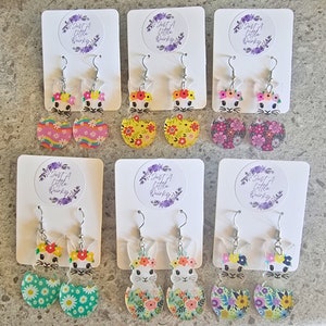 Adorable Easter Bunny Rabbit Inside Floral Easter Eggs With Flower Crowns Hook Dangle Earrings
