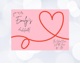 Puede incluir: Invitación rosa para una despedida de soltera con un diseño de corazón rojo. El texto dice "Únete a nosotros para la despedida de soltera de Emily, The Island Bar, Sáb 15 de junio, 2 pm - hasta tarde."