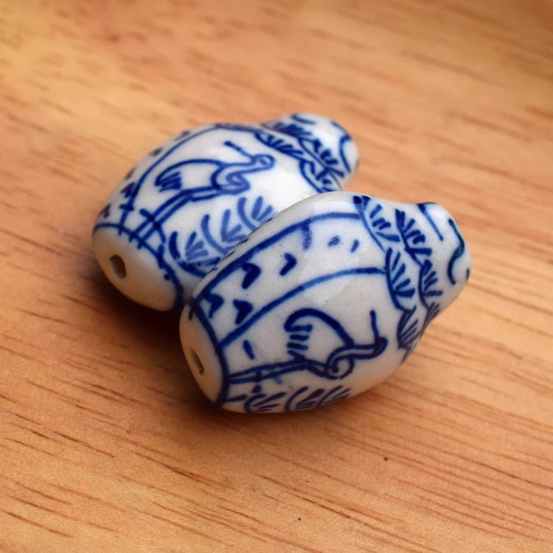 2pcs handmade Blue and White Porcelain Small Vase Bead Crane ceramic beads DIY crafts hand paint image 3