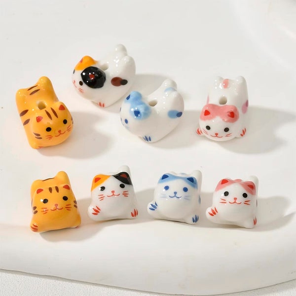 2pcs handmade cat porcelain beads cat-shape ceramic beads DIY crafts hand paint