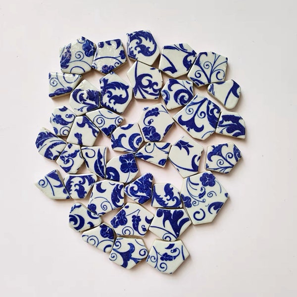 10pcs irregular shape blue and white floral porcelain ceramic mosaics DIY art project