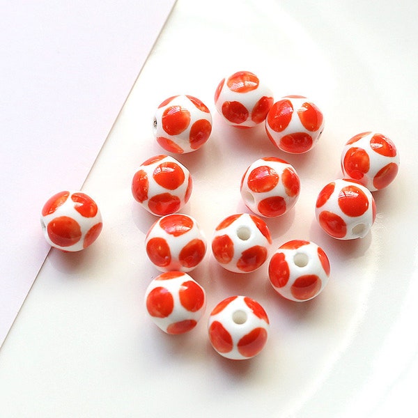 5pcs Japanese-style porcelain ceramic beads DIY crafts hand paint red dots pop art