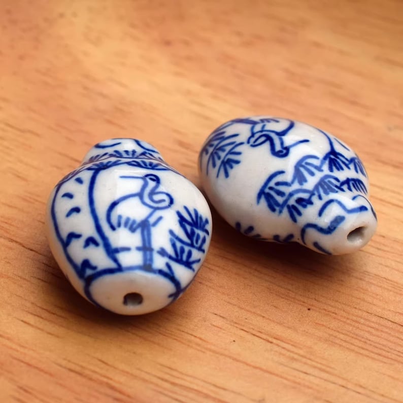 2pcs handmade Blue and White Porcelain Small Vase Bead Crane ceramic beads DIY crafts hand paint image 2