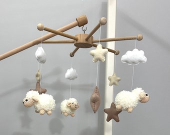 Sheep Baby Crib Mobile, Sheep Mobile, Crochet Mobile, Crib Holder, Arm Hanger, Mobile Nursery Decor, Baby Boy Mobile, Baby Mobile for Girl