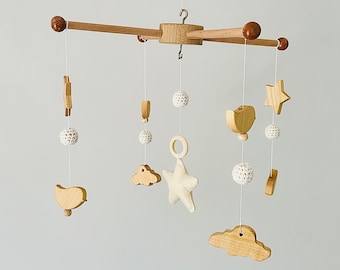 Wooden Baby Crib Mobile, Bird Mobile, Crochet Mobile, Mobile Nursery Decor, Baby Boy Mobile, Mobile Girl Baby