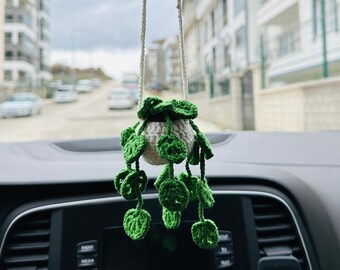 Crochet Monstera Mirror Hanging, Monstera Flower Pot Mirror Accessory, Crochet gift for car, Knitted Flower, Small Knitted Car plant