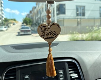 Cute Wooden Car Mirror Hanging With Tassel, Car hanger, Small gift for car, Wooden Flower