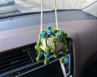Blue Flowers Succulent Mirror hanger, Crochet car hanger, Blue Car Mirror Accessories, Crochet gift for car, car hanger crochet