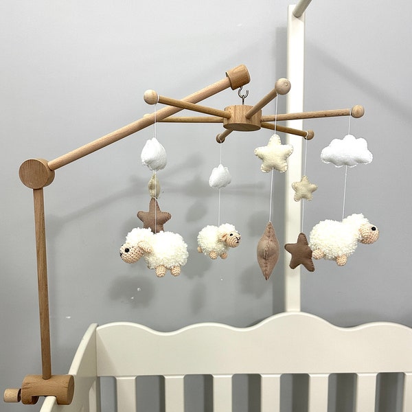 Baby Crib Mobile, Sheep Mobile, Crochet Mobile, Crib Holder, Arm Hanger, Mobile Nursery Decor, Baby Boy Mobile, Mobile Girl Baby