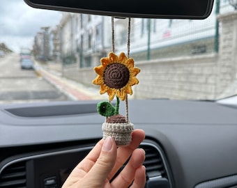 Crochet Sunflower Mirror Hanging, Flower Mirror Accessories, Crochet gift for car, Knitted Flower, Small Knitted Car plant