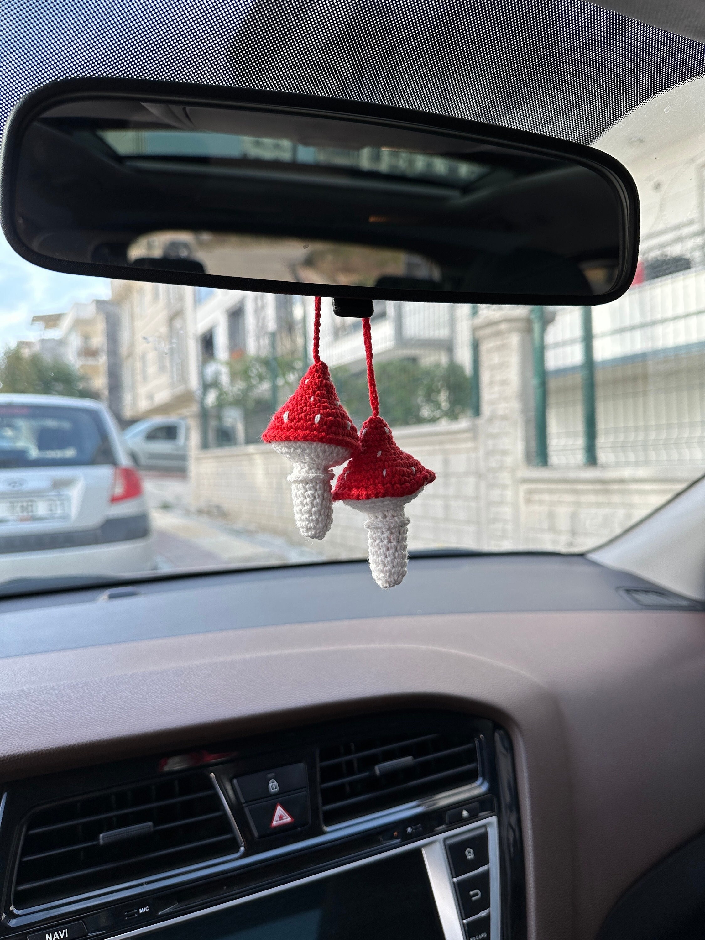 Cute amigurumi Crochet Mushroom Rear View Mirror accessories, Mushroom Car Charm, Mushroom Car Decor, Crochet Decor, Cute Mushrooms Car Dec