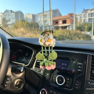 Peut inclure: Un diffuseur d'air de voiture en crochet avec une bouteille blanche, des fleurs blanches, des feuilles vertes et des fraises roses suspendues au rétroviseur d'une voiture.
