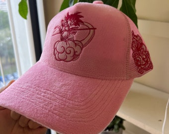 Pink Fuzzy Velvet Kakarot Trucker Hat With Dragon Side Embroidery