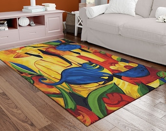 May include: A colorful rug with a whimsical design featuring two figures, birds, and flowers. The rug has a yellow background with blue, red, green, and orange accents.