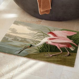 May include: Rectangular bath mat featuring a detailed illustration of a pink Roseate Spoonbill bird with a green head and a long, flat bill. The bird is depicted near water and tall green grass. The background shows a landscape with a river and cloudy sky.