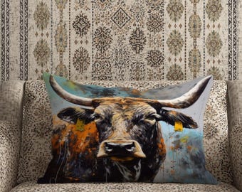 Vaca abstracta, estilo campestre, decoración de casa de campo, cojín costero, cojín moderno, diseño rústico, arte animal, hogar rural, inspirado en la naturaleza.