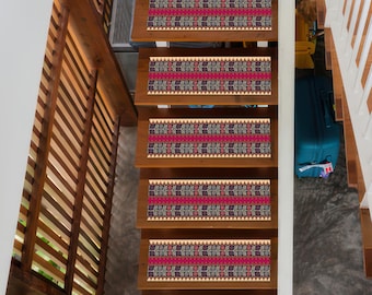 Tribal Red Blue Digital Printed Stair Rug, Washable Non-Slip Ethnic Step Carpet, Bohemian Folk Tread Runner Mat with Geometric Kilim Pattern