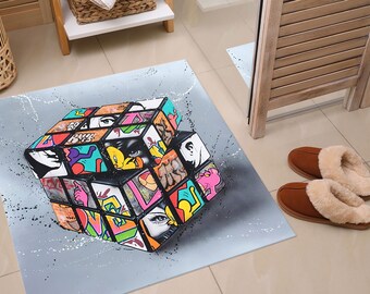 Front Door Rug, Soft Rug, Round Rug, Gift For Her, Rubiks Cube Graffti Rug, Colorful Rug, Graffiti Rug, Pattern Rug, Salon Rug, Printed Rug,