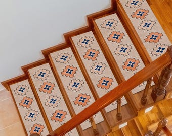 Handgefertigter Boho Treppen Teppich, rutschfeste geometrische Stufenmatte