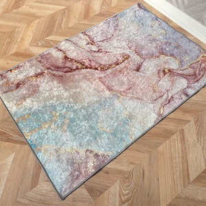 Rosa Marmor Teppich, Sanfte Töne Marmor Teppiche, Marmorteppich, Dünner Teppich, Rutschfest, Trendiger Marmorteppich, Salonteppich, Chenille Teppich,