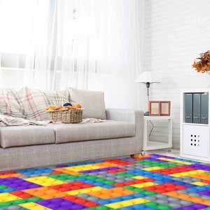 Colorful Building Blocks Rug | Kids Playroom Carpet | Machine Washable Non-Slip Lego Style Rug | Fun Creative Room Decor image 5