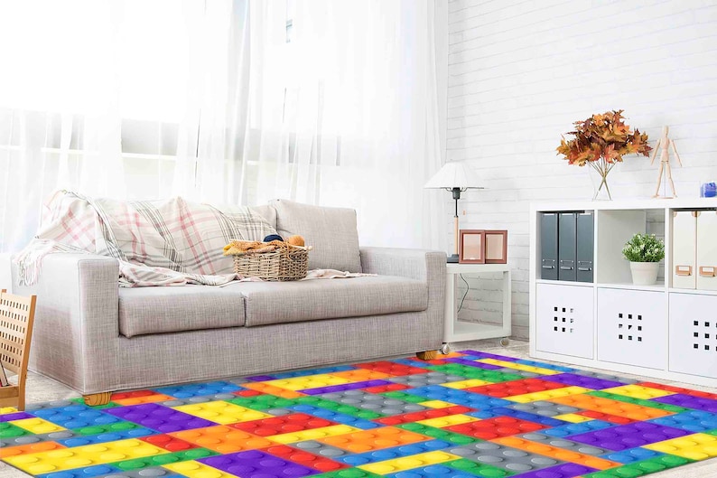 Colorful Building Blocks Rug | Kids Playroom Carpet | Machine Washable Non-Slip Lego Style Rug | Fun Creative Room Decor image 5