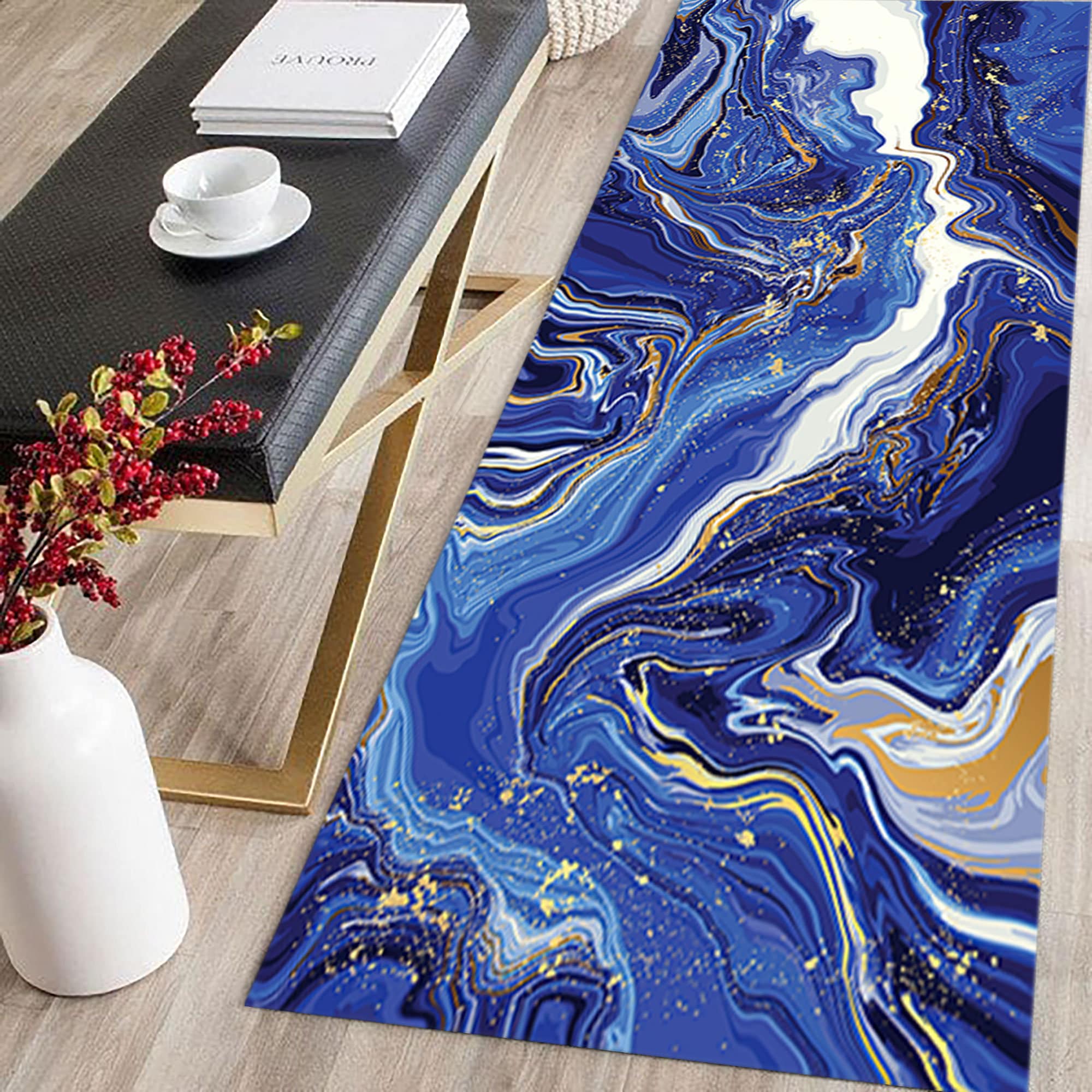 Navy Blue Marble Rug, Modern Marble Rug, Abstract Marble Rug, Alcohol